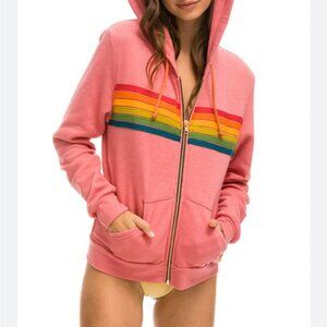 Aviator Nation Unisex 6 Stripe Zip Hoodie in Pink /Serape Rainbow Size S